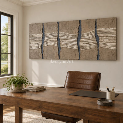 Amber Memory grooved texture wall art as a frameless stretched canvas in a home office