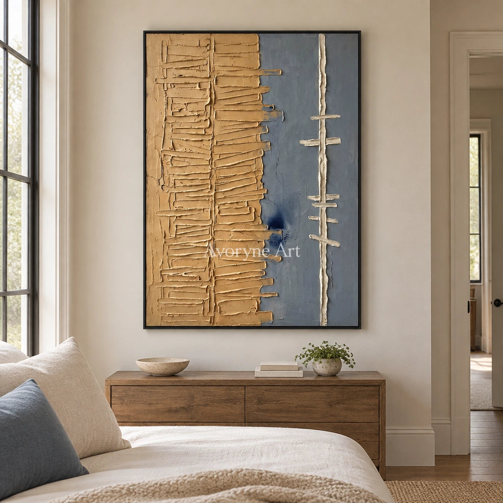 Amber Trace grooved texture wall art with a black frame above a bed in a bedroom