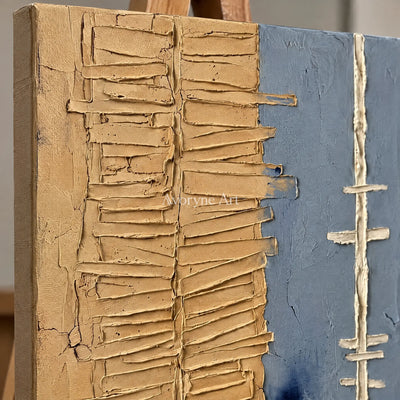 Close-up of the hand-painted texture of Amber Trace grooved texture wall art on an easel