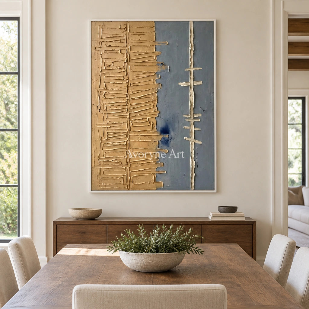 Amber Trace grooved texture wall art with a white frame in a dining room