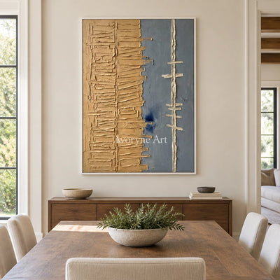 Amber Trace grooved texture wall art with a white frame in a dining room