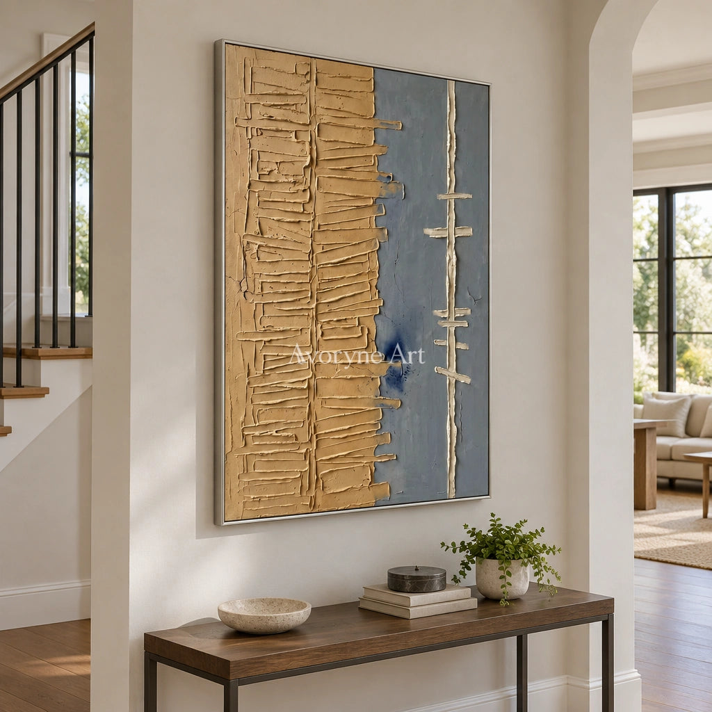 Amber Trace grooved texture wall art with a silver frame in an entryway