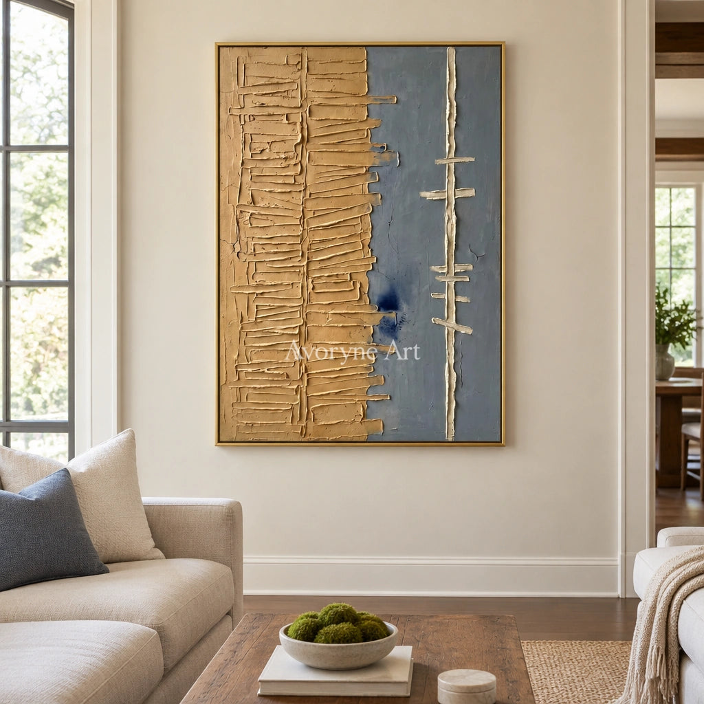 Amber Trace grooved texture wall art with a gold frame hanging in a living room