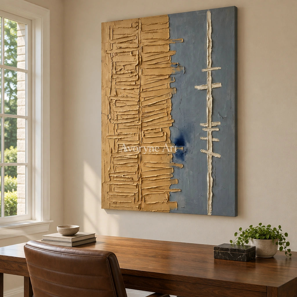 Amber Trace grooved texture wall art as a frameless stretched canvas in a home office