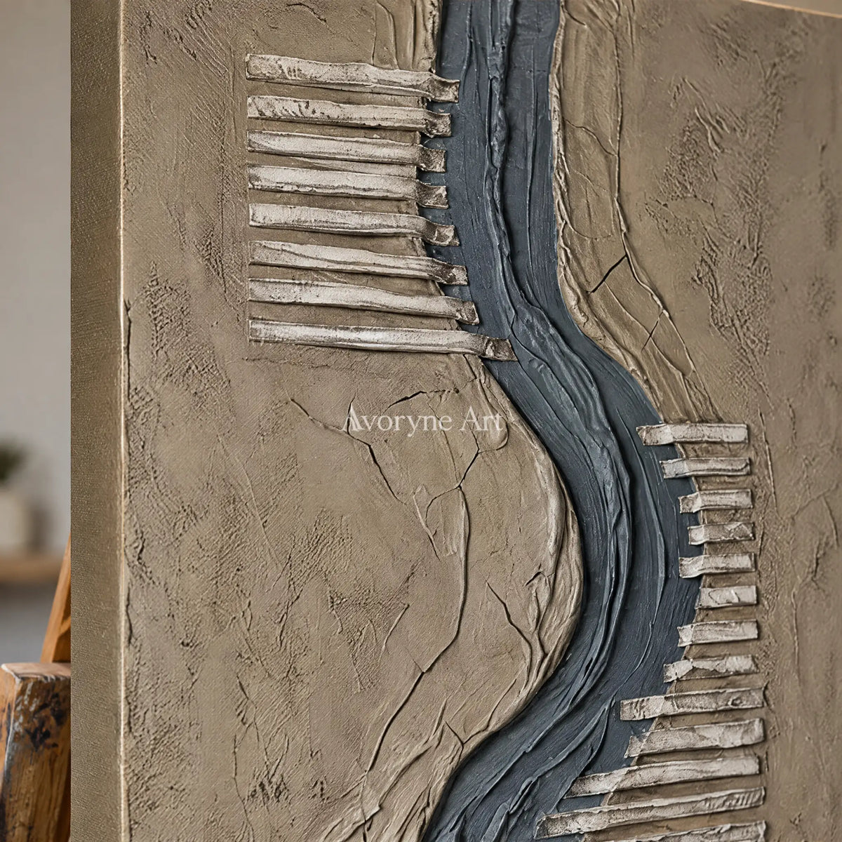 Close-up of the hand-painted texture of Amber Story grooved texture wall art on an easel