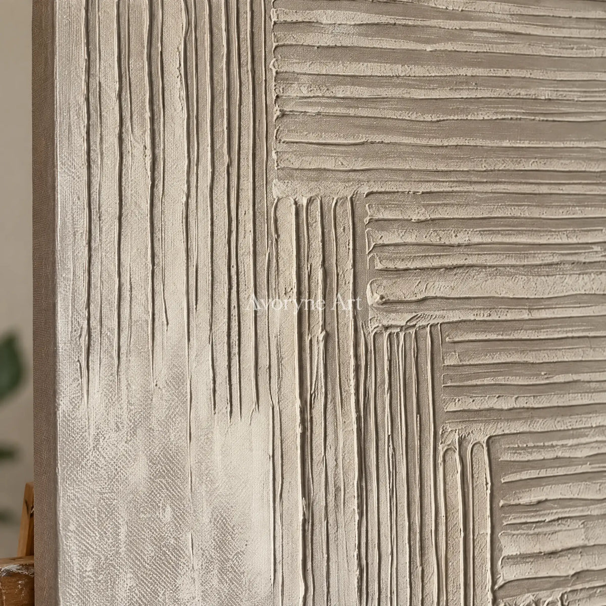 Close-up of the hand-painted texture of Amber Current grooved texture wall art on an easel