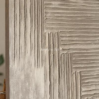 Close-up of the hand-painted texture of Amber Current grooved texture wall art on an easel