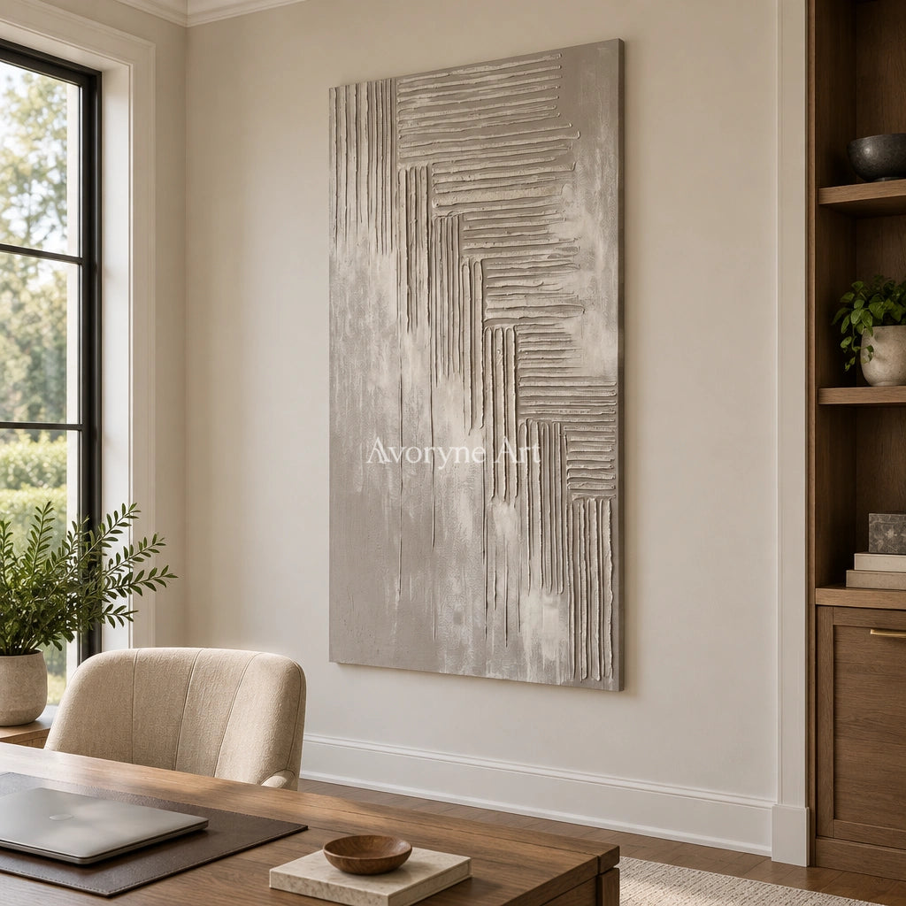 Amber Current grooved texture wall art as a frameless stretched canvas in a home office