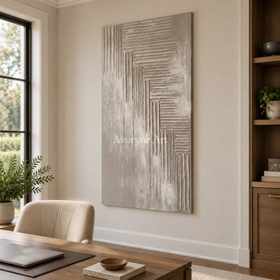 Amber Current grooved texture wall art as a frameless stretched canvas in a home office