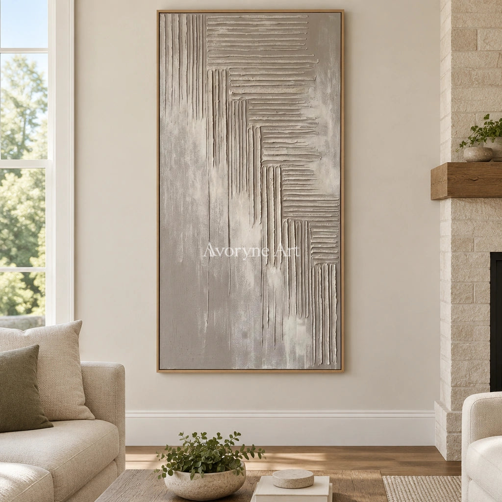 Amber Current grooved texture wall art with a wood frame in a villa living space