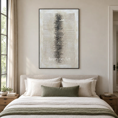 Amber Dialogue grooved texture wall art with a black frame above a bed in a bedroom