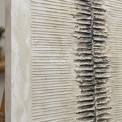 Close-up of the hand-painted texture of Amber Dialogue grooved texture wall art on an easel