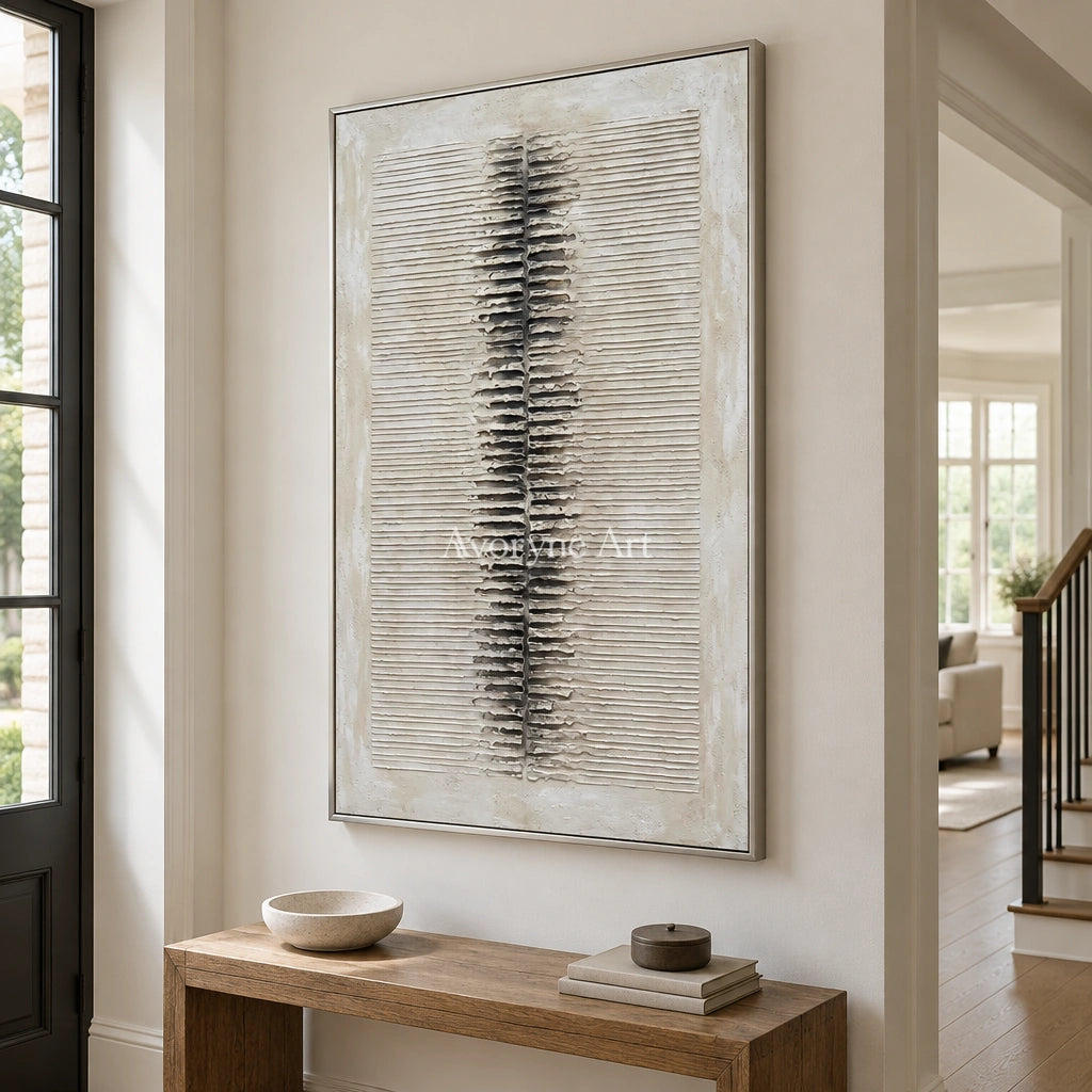 Amber Dialogue grooved texture wall art with a silver frame in an entryway