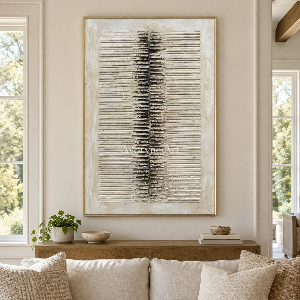 Amber Dialogue grooved texture wall art with a gold frame hanging in a living room