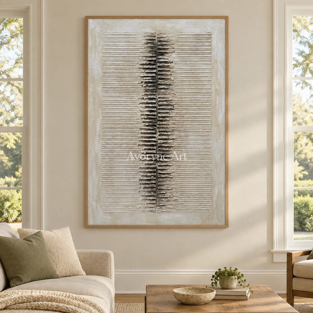 Amber Dialogue grooved texture wall art with a wood frame in a villa living space