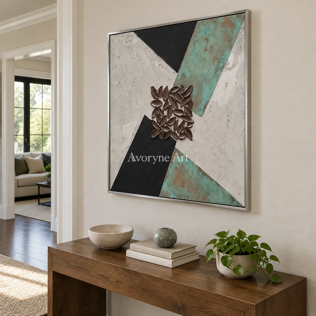 Soft Horizon grooved texture wall art with a silver frame in an entryway