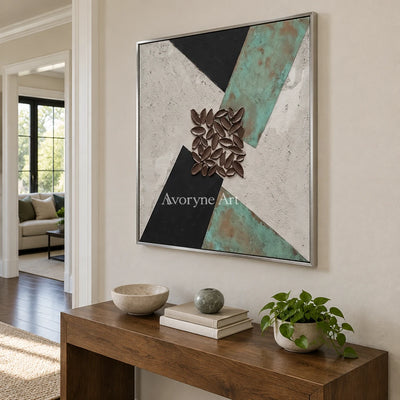 Soft Horizon grooved texture wall art with a silver frame in an entryway