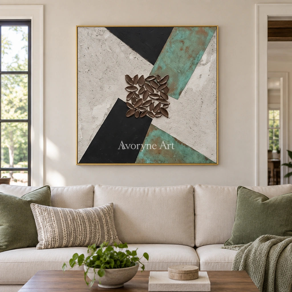 Soft Horizon grooved texture wall art with a gold frame hanging in a living room