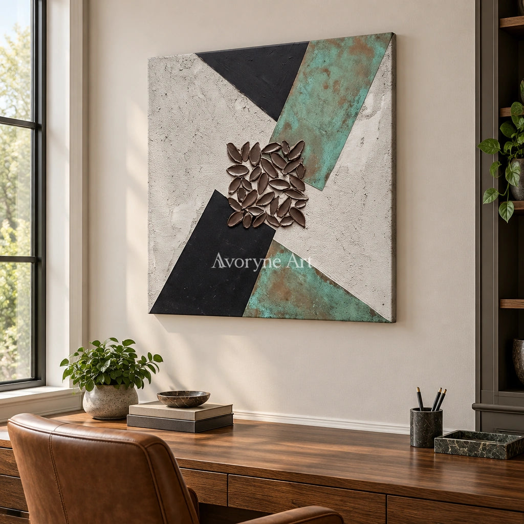 Soft Horizon grooved texture wall art as a frameless stretched canvas in a home office