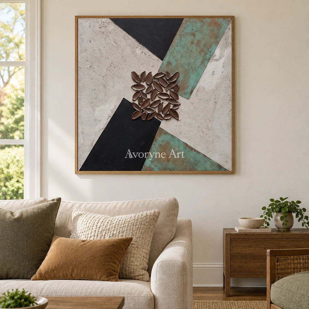 Soft Horizon grooved texture wall art with a wood frame in a villa living space