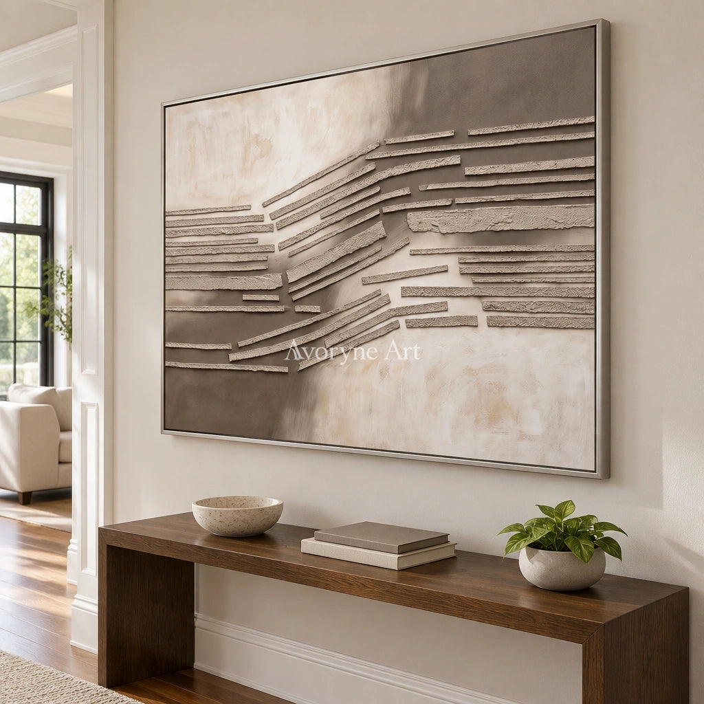 Soft Drift grooved texture wall art with a silver frame in an entryway