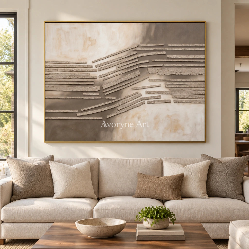 Soft Drift grooved texture wall art with a gold frame hanging in a living room