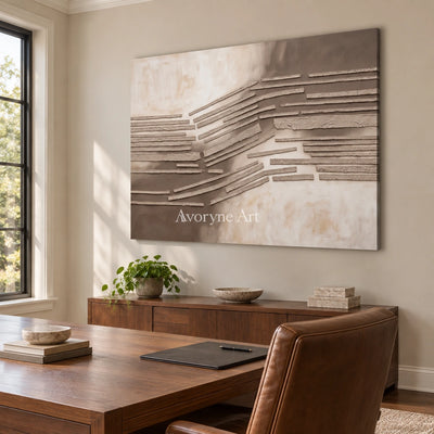 Soft Drift grooved texture wall art as a frameless stretched canvas in a home office