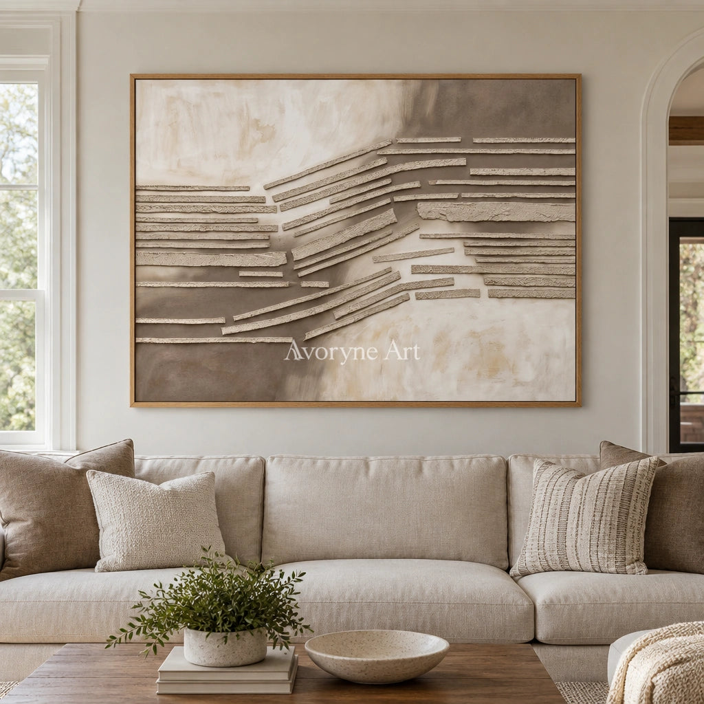 Soft Drift grooved texture wall art with a wood frame in a villa living space