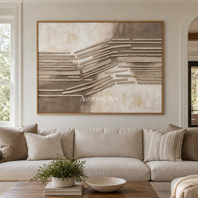 Soft Drift grooved texture wall art with a wood frame in a villa living space