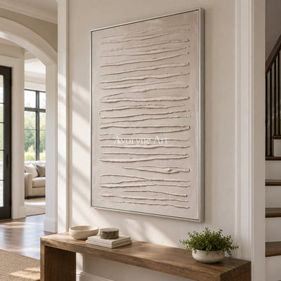 Soft Memory grooved texture wall art with a silver frame in an entryway