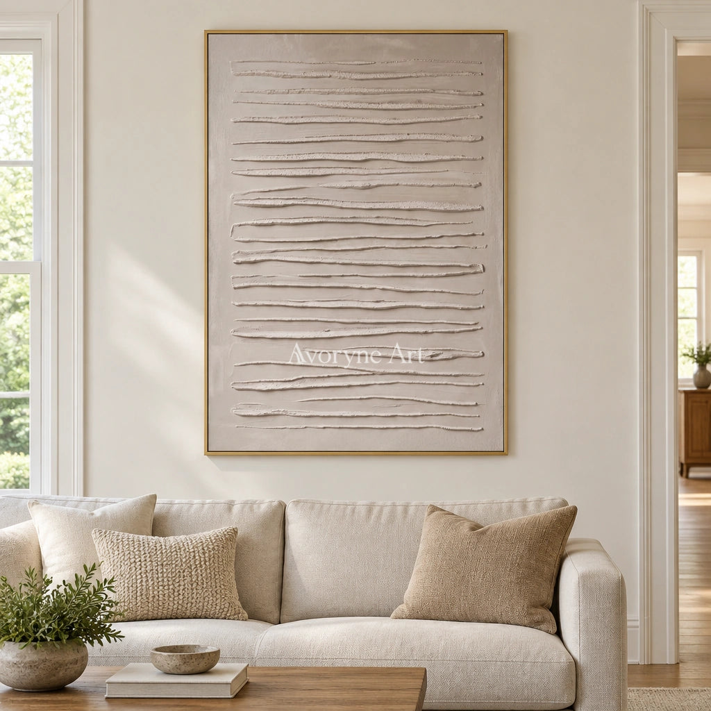 Soft Memory grooved texture wall art with a gold frame hanging in a living room