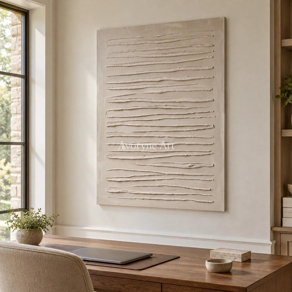 Soft Memory grooved texture wall art as a frameless stretched canvas in a home office