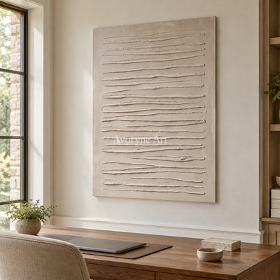 Soft Memory grooved texture wall art as a frameless stretched canvas in a home office