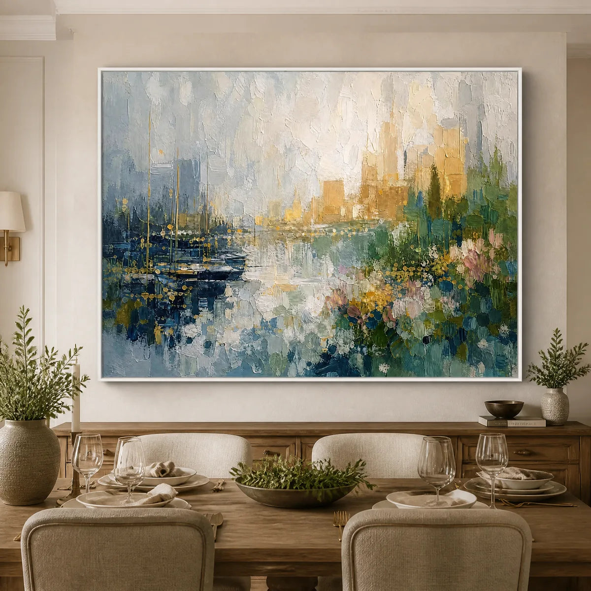 Harbor Bloom: Coastal Abstract Wall Art - dining room white frame