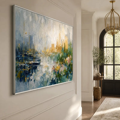 Harbor Bloom: Coastal Abstract Wall Art - hallway silver frame