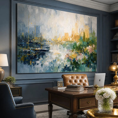 Harbor Bloom: Coastal Abstract Wall Art - office stretched canvas
