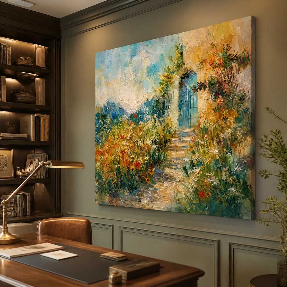Hidden Garden: Floral Path Wall Art - office stretched canvas