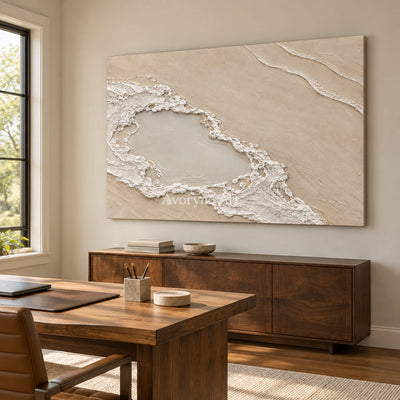 Tidal Enclosure: Impasto Beige Coastal Relief Wall Art — office frameless