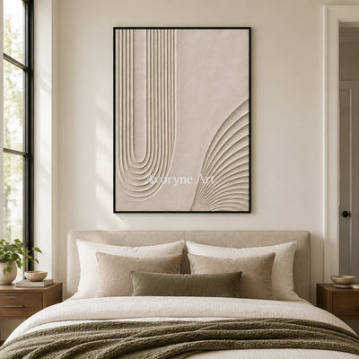 Contour Refuge: Impasto Beige Grooved Relief Wall Art — bedroom black