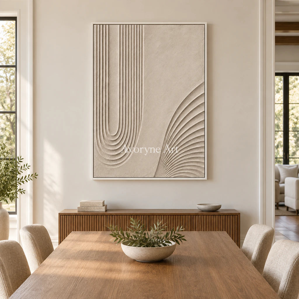 Contour Refuge: Impasto Beige Grooved Relief Wall Art — dining white