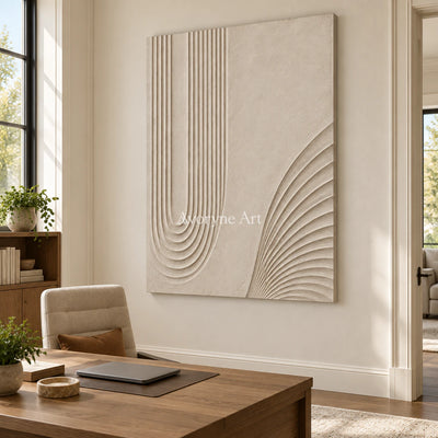 Contour Refuge: Impasto Beige Grooved Relief Wall Art — office frameless