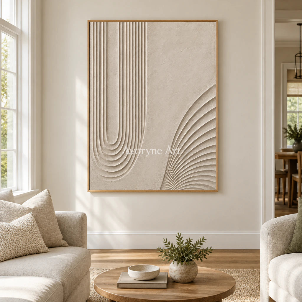 Contour Refuge: Impasto Beige Grooved Relief Wall Art — villa wood