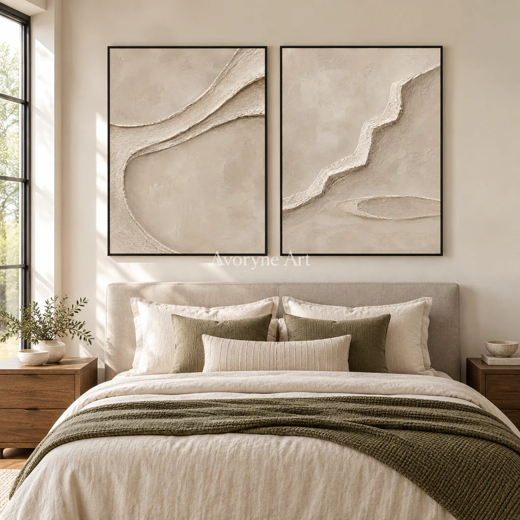 Raised Pathways: Impasto Beige Relief Diptych Wall Art — bedroom black