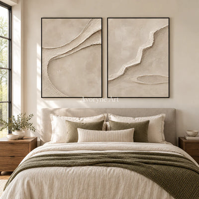 Raised Pathways: Impasto Beige Relief Diptych Wall Art — bedroom black
