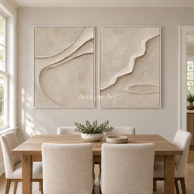 Raised Pathways: Impasto Beige Relief Diptych Wall Art — dining white