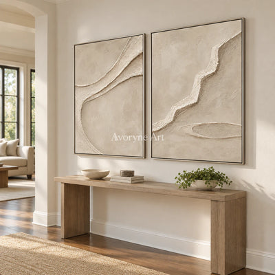 Raised Pathways: Impasto Beige Relief Diptych Wall Art — entry silver