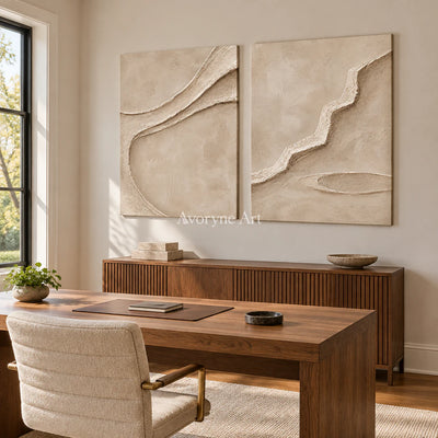 Raised Pathways: Impasto Beige Relief Diptych Wall Art — office frameless