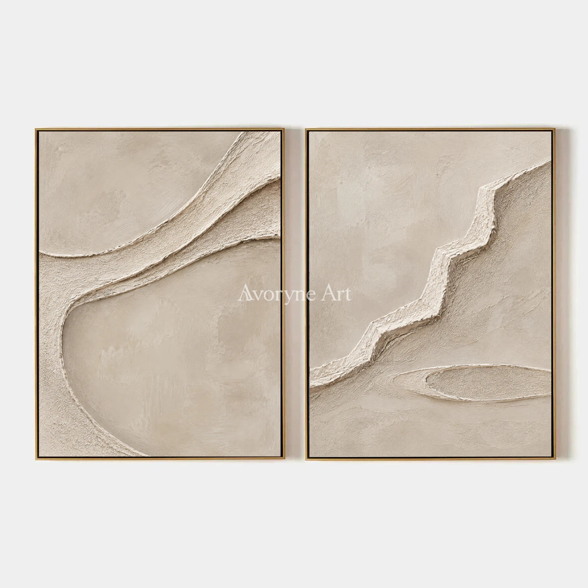 Raised Pathways: Impasto Beige Relief Diptych Wall Art — primary