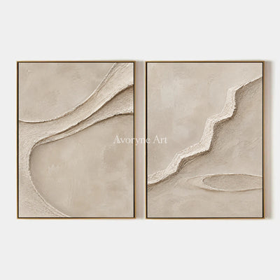 Raised Pathways: Impasto Beige Relief Diptych Wall Art — primary