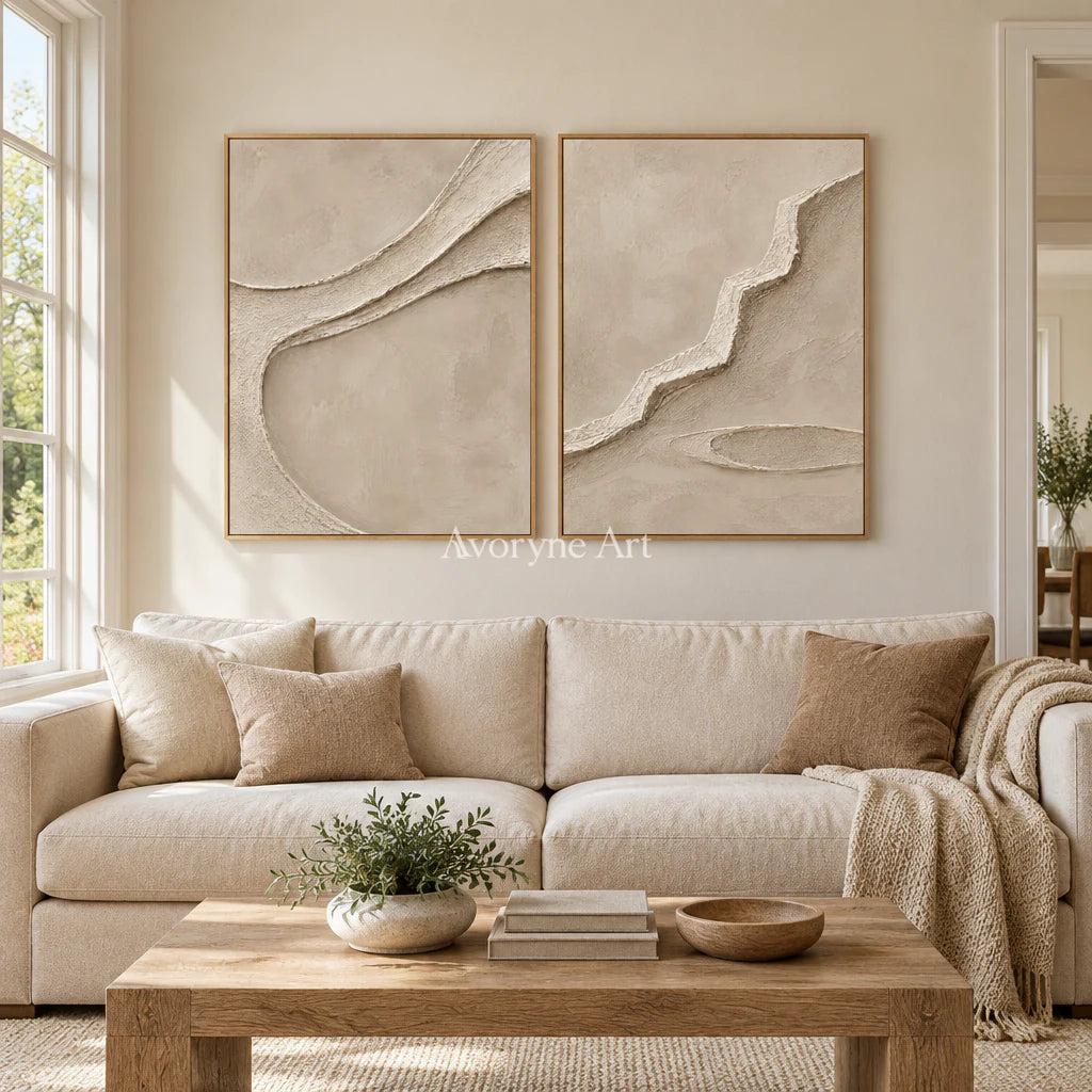 Raised Pathways: Impasto Beige Relief Diptych Wall Art — villa wood